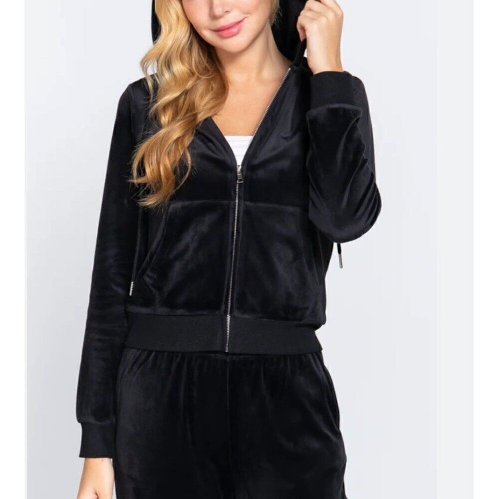 Women Black Long Sleeve Velour Full Front Zip Hoodie Jacket Size XL